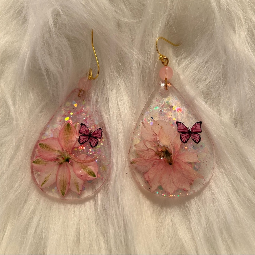 Pink Floral Resin Earrings with Butterflies